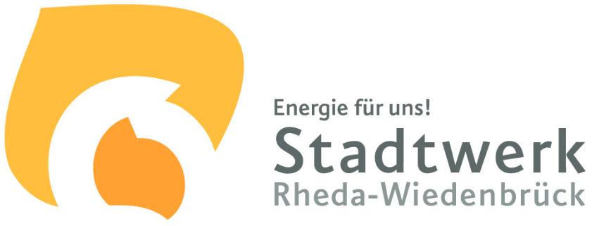 Logo des Stadtwerks Rheda-Wiedenbrück mit dem Slogan „Energie für uns!“, graphisches Symbol in Gelb und Grau.